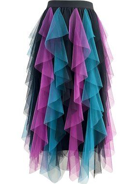 Women Black Teal High Waist Layered Tulle Mesh Ruffle Asymmetric Midi Tutu Skirt